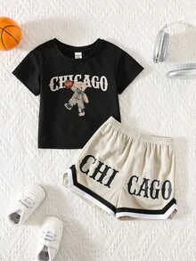 SHEIN 2pcs/Set Baby Boy Cute Summer Sports Cartoon Graphic Short Sleeve Loose T-Shirt&Elastic Waist Color Block Letter Print Shorts Set Streetwear - Multicolor - View 8