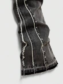 ROMWE MEN Casual Men's Rivet Decor Frayed Hem Layered Denim Jeans - Black - View 6