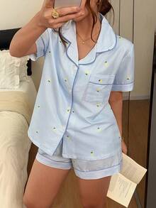 Napfluff 領口印花蝴蝶結對比條紋可穿戴居家服套裝 - 藍色 - 查看 1