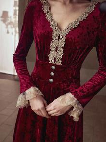 MOTF PREMIUM V-NECK GOLD LACE PATCHWORK VELVET JACQUARD WAIST-CINCHED A-LINE DRESS, ELEGANT & MINIMALIST - Burgundy - View 2