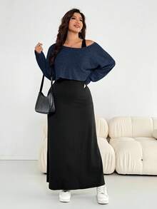 Shapeblank Setelan 2 Potong Wanita Ukuran Besar Berwarna Polos, Gaun dan Atasan Lengan Panjang, Modis untuk Musim Gugur - Navy Blue - View 7