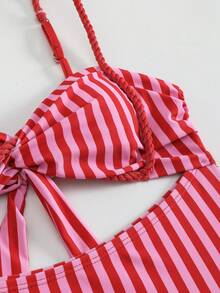 Swim SXY 夏季新款女款 2 件式海灘套裝，含一件式上衣、漸層編繩細肩帶、側綁帶海灘裙比基尼 3 件套 - 粉色 - 查看 4