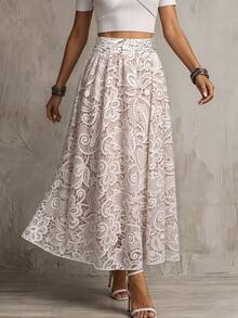 SHEIN Franclia Fashion Women's Placed Floral Print Skirt, Light Vacation Placed Floral Print Skirt; Elastic Waistband, Cross-Twist Waist Detail. Fashionable New Placed Floral Print Women's Skirt, A-Line Umbrella Skirt. - Multicolor - View 6