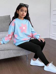 SHEIN Tween女孩休閒圓領長袖秋季衛衣套裝 - 藍色 - 查看 2
