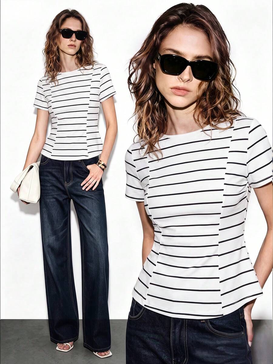 Lumivelle High Elasticity Knitted Fitted Solid Color Crew Neck Short Sleeve Cinched Waist Ruffle Hem A-Line Casual Elegant Commute Minimalist Romantic Spring Summer Women Regular T-Shirt - Black and White - View 1