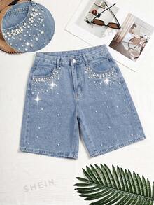 SHEIN Y2K Street Elegant Fashion Casual Women's Versatile Beaded Washed Denim Mid-Length Pants Date Everyday Light Blue Summer - Light Wash - View 1