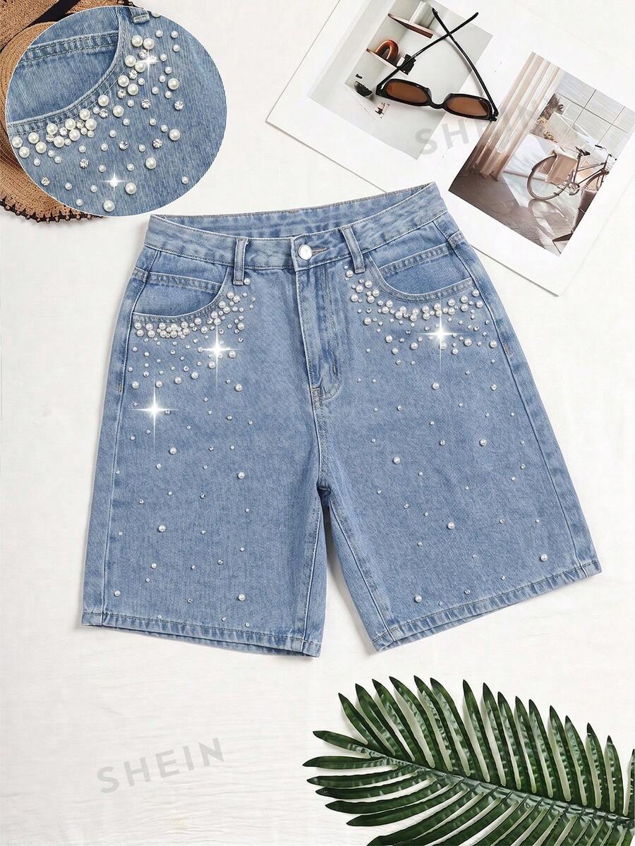 SHEIN Y2K Street Elegant Fashion Casual Women's Versatile Beaded Washed Denim Mid-Length Pants Date Everyday Light Blue Summer - Light Wash - View 1