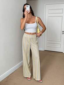 SHEIN Tall Women's Waist Button Design Striped Straight Leg Loose Fit Long Pants - Yellow - View 5