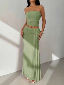 SHEIN PETITE Set Atasan Jala Model Bandeau & Rok Pinggang Rendah - Mint Green - View 7