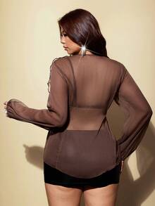 Viva Relle Jaket Tipis Elegan Lengan Panjang Kerah Ruffle Ukuran Plus untuk Musim Gugur - Chocolate Brown - View 5