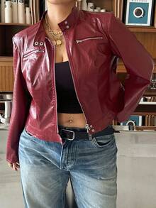 Muchica Plus Size Women Solid Color PU Leather Zipper Fashion Versatile Daily Casual Long Sleeve Jacket Winter - Red - View 3