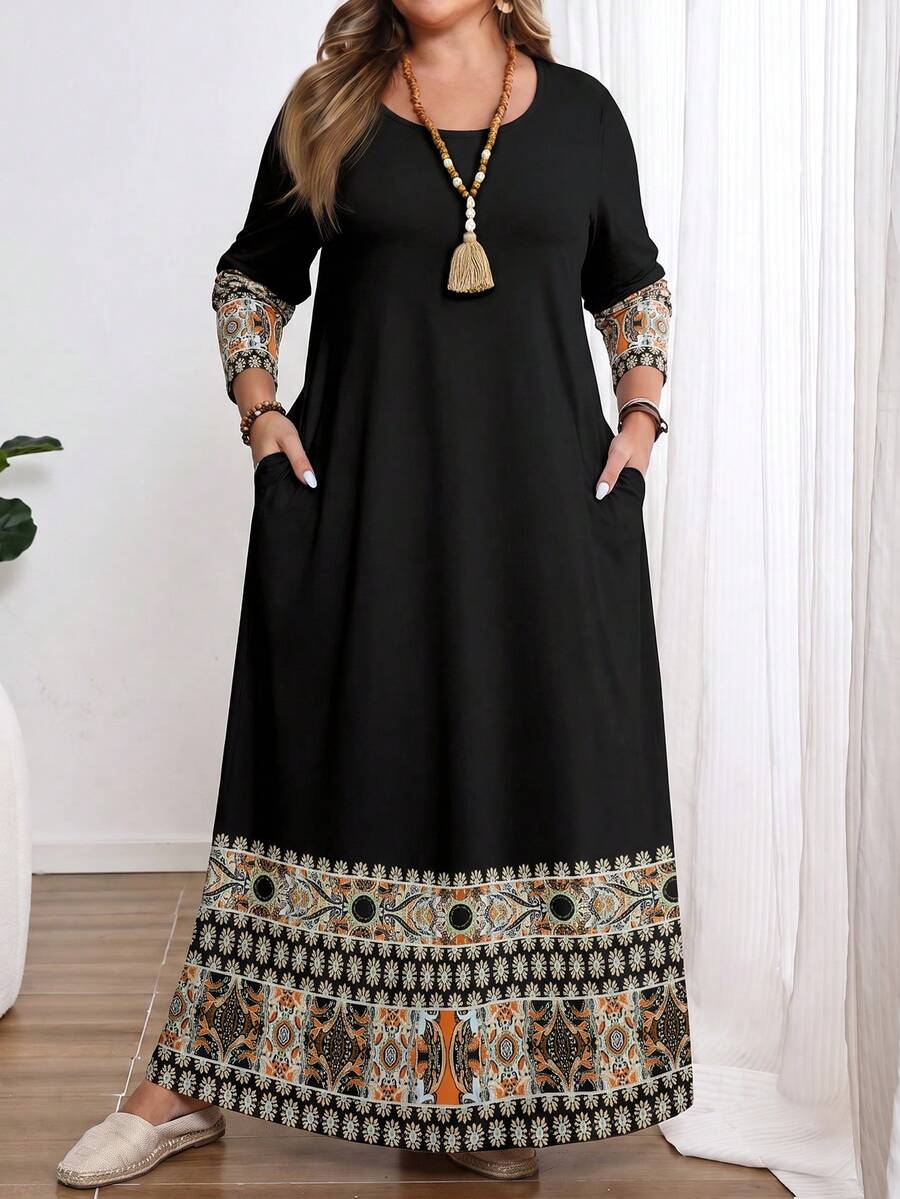 EMERY ROSE Vestido de talla grande con manga larga y cuello redondo, con estampado floral bohemio retro, adecuado para fiestas de otoño - Multicolor - Ver 1