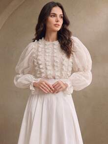 Anewsta Autumn/Winter Romantic French Chiffon Ruffle Petal Sleeve White Blouse - White - View 3