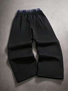 STYNVO Men's Casual Loose Plaid Patchwork Wide Leg Sweatpants - Black - View 2