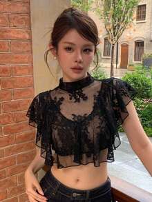 DAZY 女款優雅蕾絲荷葉邊飾夏季襯衫 - 黑色 - 查看 3