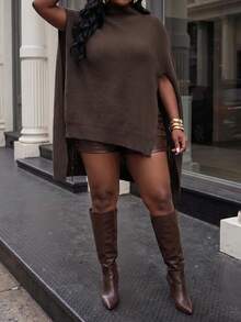 Slaydiva Plus Size Autumn/Winter Fashion Solid Color Stand Collar Cape Knit Dress - Brown - View 2