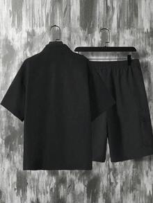 Manfinity Hypemode 男士對比色 Polo 領短袖 T 恤與工裝短褲休閒兩件套 - 彩色 - 查看 2