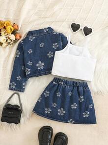 SHEIN Playful Pals 3pcs Baby Girl Denim Jacket Skirt Cute Sweet Dark Blue White Floral Ribbed Pleated Long Sleeve Lapel Collar Regular Party Family Matching Autumn - Blue - View 3