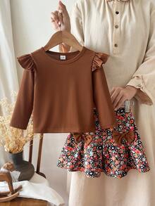 SHEIN Playful Pals 2件組幼女優雅棕色羅紋荷葉邊蝴蝶結花卉長袖圓領上衣裙套裝，秋季生日派對公主芭蕾舒適風 - 卡其色 - 查看 3