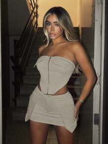 SHEIN ICON Zip Up Bandana Hem Crop Tube Top & Bodycon Skirt - Grey - View 1