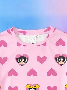 THE POWERPUFF GIRLS X SHEIN 青少年女孩全印花短袖上衣與短褲休閒日常居家睡衣套裝 - 粉色 - 查看 3