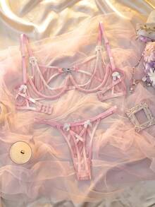 DelicateAllure 女款蝴蝶結裝飾性感內衣套裝 - 粉色 - 查看 2
