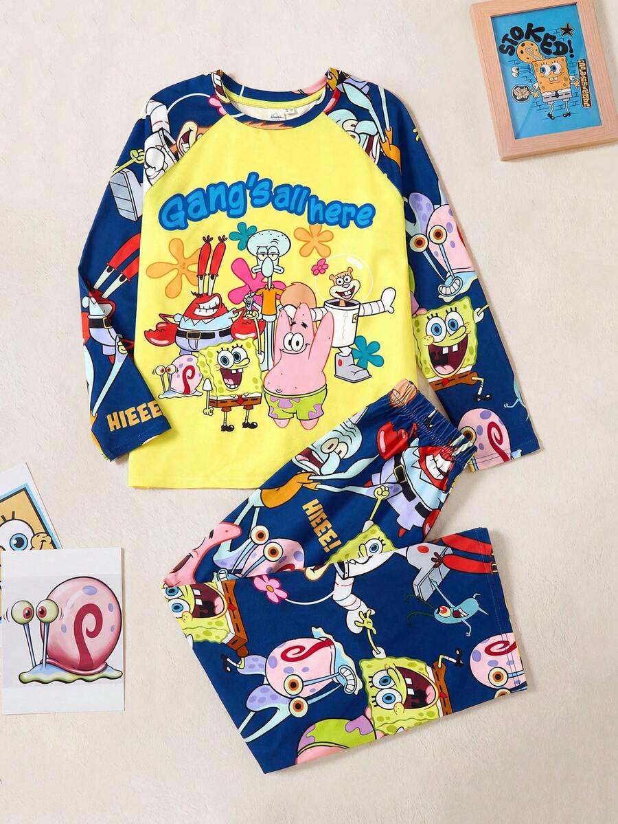 SpongeBob SquarePants | SHEIN 2 件套青少年男孩卡通图案圆领插肩袖长袖 T 恤和宽松针织裤睡衣套装 - 藏蓝色 - 查看 1