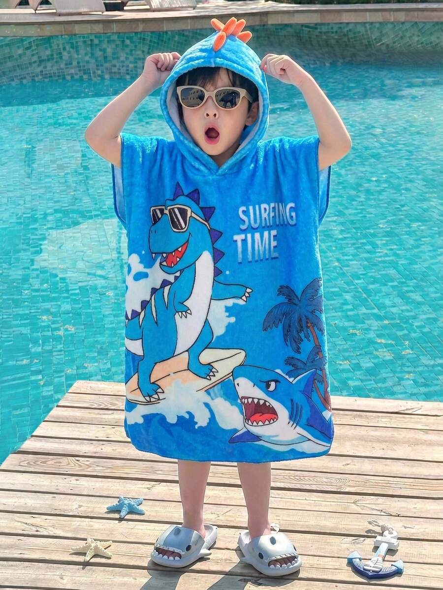 SHEIN 3D恐龙图案柔软舒适双面绒毛连帽泳衣罩衫，适合搭配沙滩裤、毛巾、浴袍，是春夏郊游、情人节、约会、旅行、度假、家庭聚会、返校季、生日派对的理想之选。