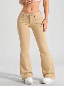 SHEIN PETITE Casual Solid Color Low-Waist Flare Leg Jeans - Khaki - View 8