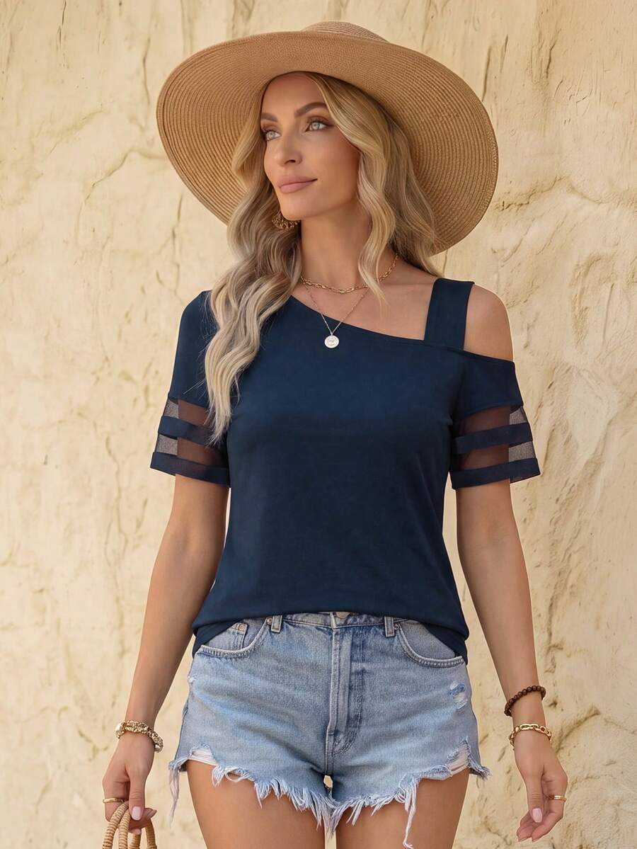 EMERY ROSE Women's Casual Vacation Asymmetrical Neck Short Sleeve Mesh Patchwork T-Shirt - Navy Blue - View 1