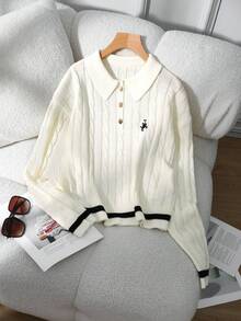 Franclia Sweater Rajut Lengan Panjang dengan Kerah Polo Bordir Kepala Kuda Sederhana dan Trim Blok Warna untuk Musim Gugur dan Musim Dingin - Krem - View 3