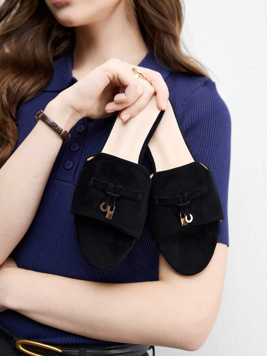 CUCCOO BIZCHIC Sepatu Wanita, Hitam, Tekstur Suede, Sandal Datar Klasik, Nyaman dan Serbaguna di Musim Panas, Cocok untuk Perjalanan ke Kantor atau Sehari-hari - Hitam 1 - View 1