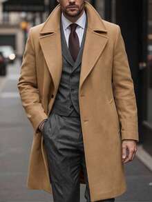Manfinity CasualCool Men's Solid Color, Button-Down, Long-Sleeved Black Overcoat, Autumn/Winter Style. - Khaki - View 8
