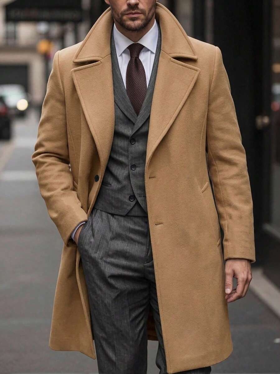 Manfinity CasualCool Men's Solid Color, Button-Down, Long-Sleeved Black Overcoat, Autumn/Winter Style. - Khaki - View 1