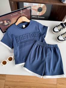 2pcs/Set Pakaian Anak Laki-laki Kasual 2 in 1 Kaos Lengan Pendek dan Celana Pendek dengan Motif Huruf, Cocok untuk Berpergian, Sekolah, Pakaian Sehari-hari, Olahraga, Musim Semi/Panas - Royal Blue - View 2