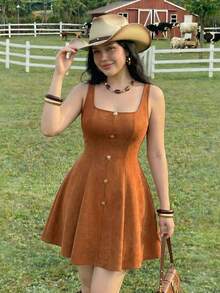 SHEIN MOD Plus Size Chocolate Brown Suede Square Neck Dress,Gold Button Sleeveless Fit And Flare Retro 1950s Vintage 1920s 90s Autumn Office Birthday Night - Brown - View 8