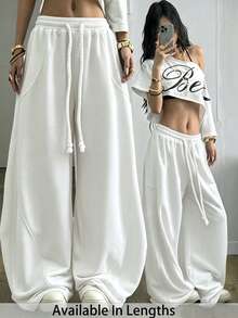 SHEIN Tall CURVE 大尺碼女款街頭風外出慢跑辦公休息套裝，彈性腰頭舒適白色，適合秋冬 - 白色 - 查看 1