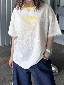 FRIFUL 女款蕾絲拼接字母印花休閒街頭風優雅日常穿搭T恤圖案短袖上衣 白色夏季城市度假旅行 - 白色 - 查看 2