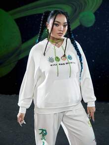 Rick and Morty X SHEIN 加大码标语卡通图案袋鼠口袋插肩袖抽绳卫衣 - 白色 - 查看 4