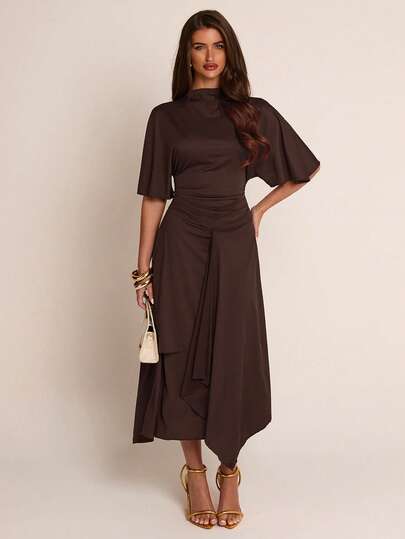 SHEIN BAE Spring/Summer Solid Brown Semi-High Neck Cape Sleeve Cinched Waist Asymmetrical Hem Midi Dress For Women + Elegant Commute Slimming + Suitable For Daily Commute, Light Business, Party, Wedding Guest, Afternoon Tea, Date + Cape Sleeve Design Asymmetrical Hem