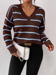 SHEIN Frenchy V Neck Striped Pattern Drop Shoulder Sweater,Knitted Sweater In Fall/Winter - Sky Blue - View 4