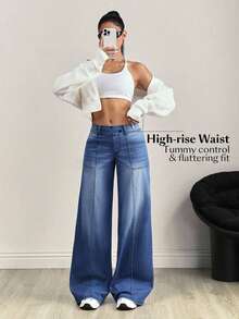 Flexra Plus Size Fashionable Medium Blue Washed Wide Leg Jeans - Medium Wash - View 6