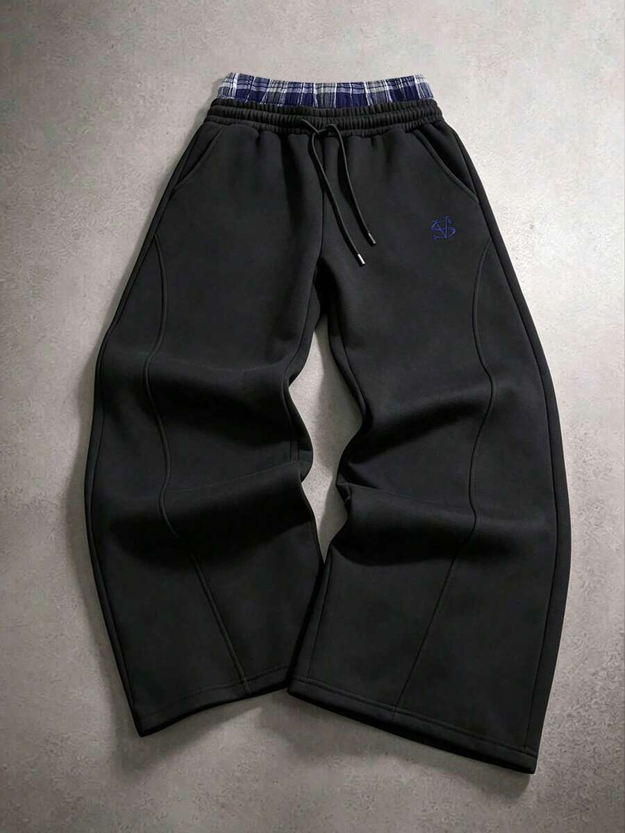 STYNVO Men's Casual Loose Plaid Patchwork Wide Leg Sweatpants - Black - View 1