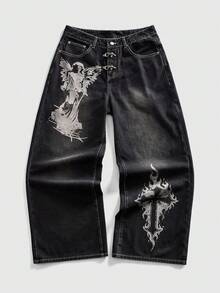 ROMWE MEN Goth Jeans de corte holgado con hebilla con estampado de avión para hombres - Negro - Ver 1