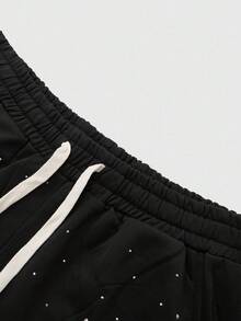 ROMWE MEN Street Life Spring Casual Graphic Streetwear Style Rhinestone English Text Straight Leg Sweatpants - Black - View 4