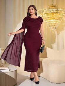 Modelyn Vestido elegante de malla brillante con cuello drapeado, manga extra larga, ajuste ceñido regular, para primavera/verano, talla grande - Burdeos - Ver 3