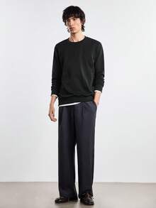 Merionis 男士純色圓領長袖休閒寬鬆套頭運動衫 - 黑色 - 查看 6