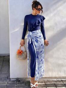 Swim Mulvari Women Ruffle Long Sleeve Top & Seashell Print Wrap Skirt Burkini Set - Multicolor - View 1