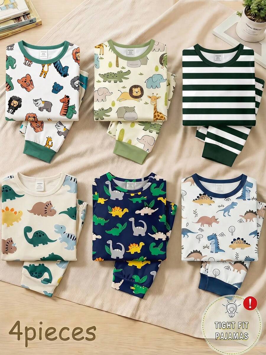 小男孩休閒簡約修身舒適圓領短袖長褲居家服套裝,4件組,春夏款,經典可愛手繪熊、長頸鹿、斑馬、豹、獅子動物印花,經典條紋印花 - 彩色 - 查看 1