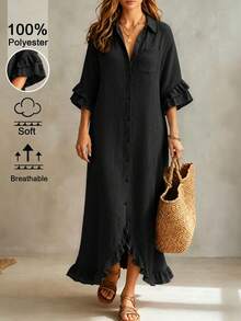 Linhara CURVE Plus Size Women's Solid Color Casual Daily Summer Dress - Black - View 1